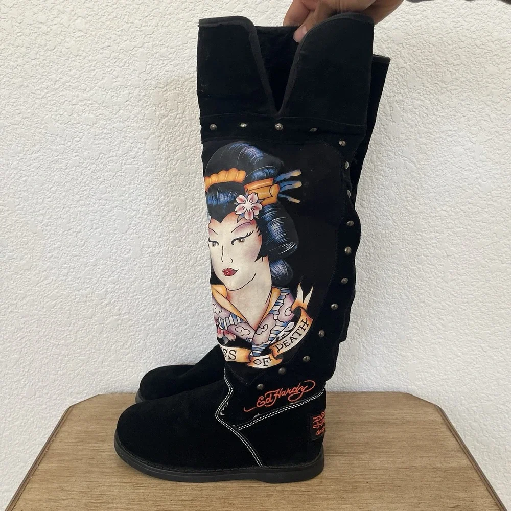 Vintage Ed Hardy Womens 5 Tall Black Suede Geisha Studded Boots Y2K Tattoo Rare